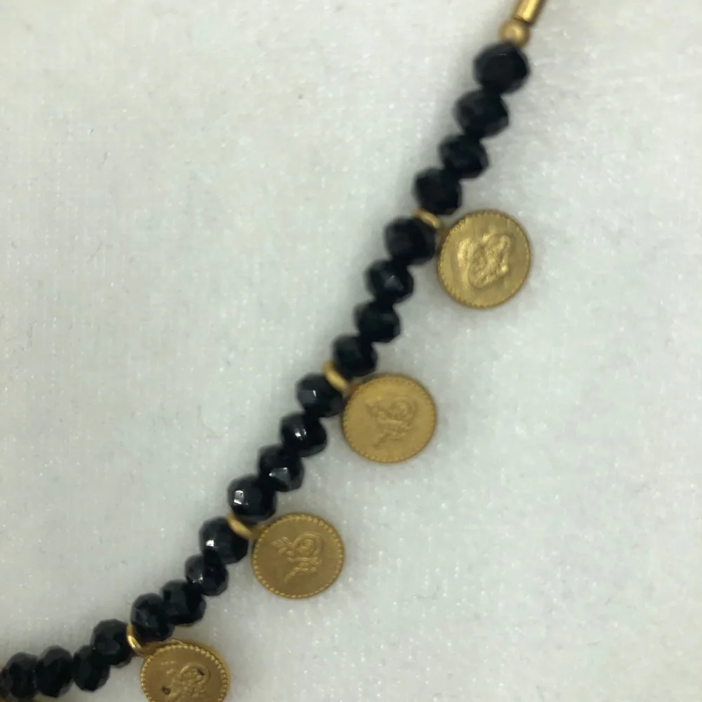 Gold and Black Beaded Necklace With Tiny Coins